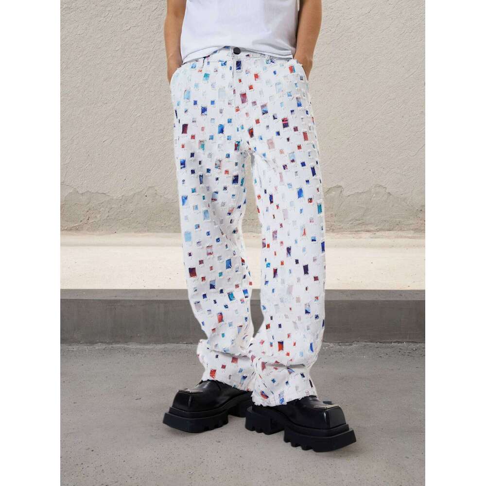 Straight Leg Streetwear White Baggy Jeans for Men Loose Fit Denim Pants Mid Waist Trousers