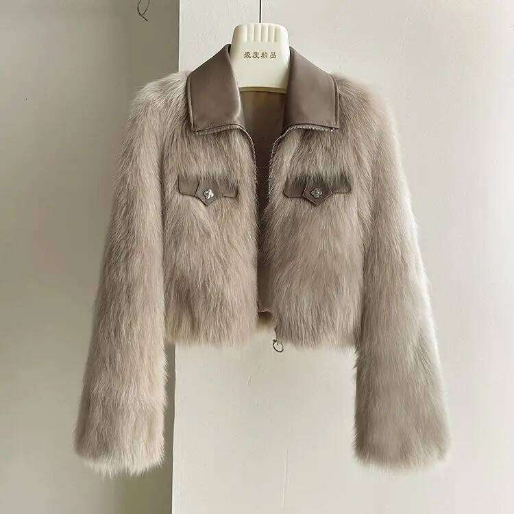 Spring and Autumn Korean Chic Polo Collar Loose Clothing Winter Coat Faux Fox Fur Plush Short Jackets Women Tops
