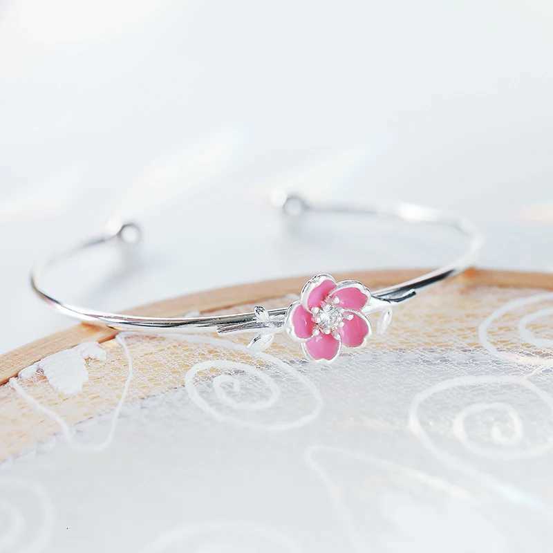 Personality New Art 925 Sterling Silver Jewelry Female Simple Bar Pink Plum Flower High-Quality Popular Open Bracelet Z250807