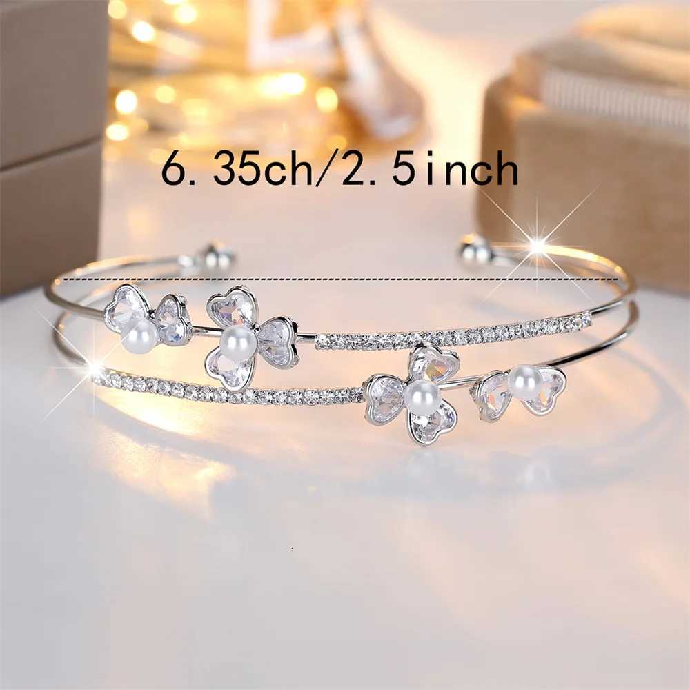 White Zircon Cute Flower Pearl Open Bangle Bracelets For Women Vintage Silver Color Bridal Bracelet Wedding Jewelry Z250807
