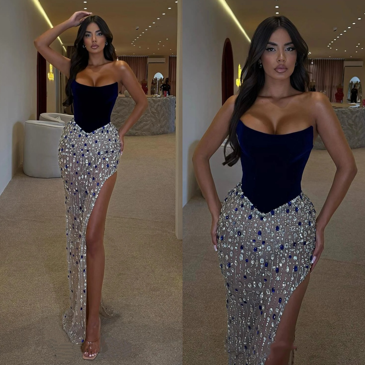 Luxury Rhinestone Evening Dresses Strapless Prom Gowns Sleeveless Beading Crystal Illusion High Split Velvet Customized Vestidos De Noche Plus Size