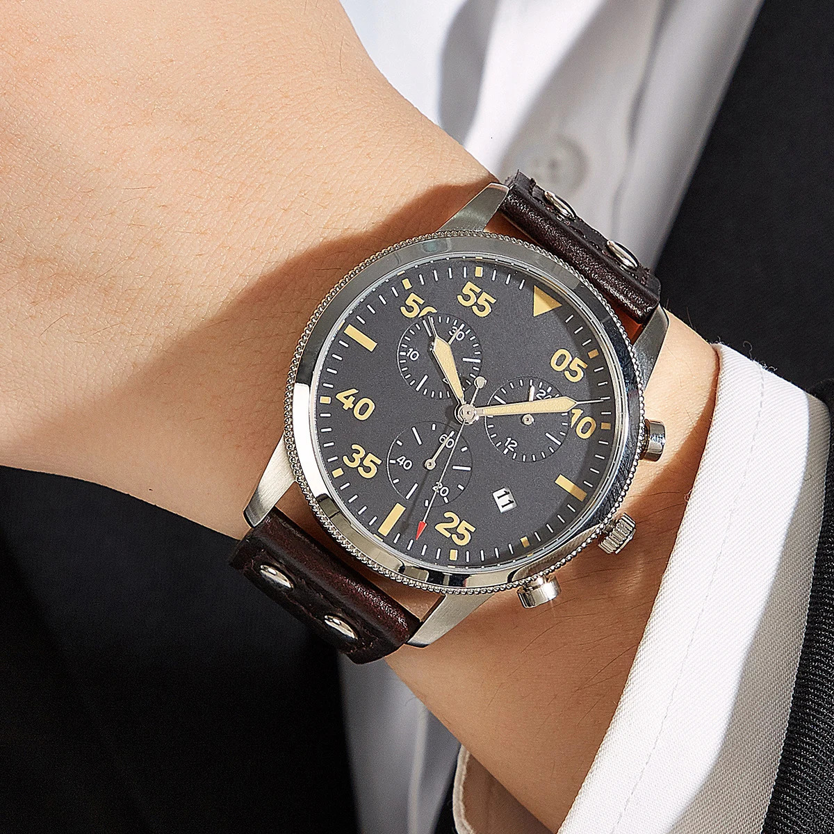 Chronograph Watches 42mm Pilot Japanese JS05 Men Quartz Wristwatch Stopwatch 24 Hours Function 250807