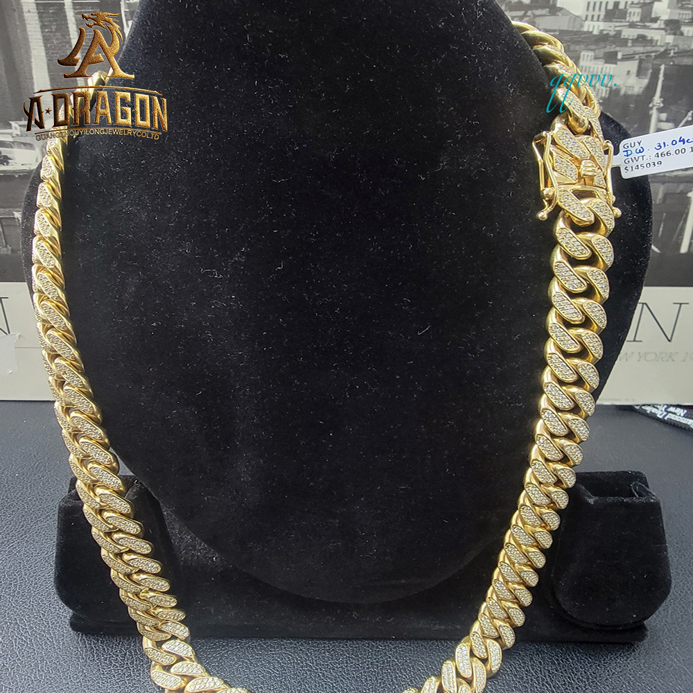 Solid 18mm Diamond VVS Moissanite Gold Plated Prong Set Miami Cuban Link Chains With Certificate