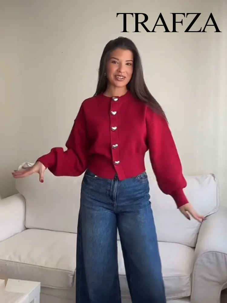 TRAFZA Women Fashion Solid Tops Heart-shaped Buttons Cardigans Female Spring Casual Long Sleeve O-Neck Knitting Sweaters Coats 250804
