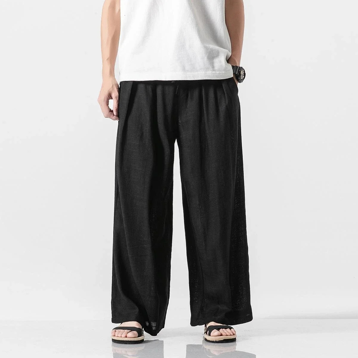 Summer Casual AnkleLength Pants Men Chinese Style Loose Harem Mens Solid Straight Lightweight Hip Hop Wide Leg Man 250729