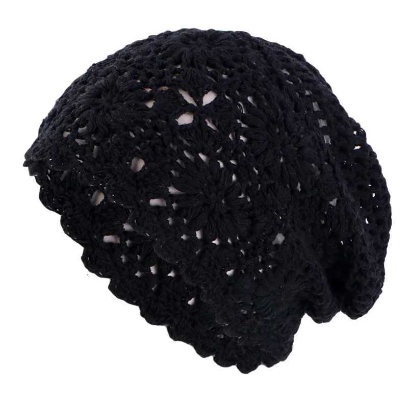 New Women Handmade Crochet Slouchy Beanie Knit Hat Elegant Flower Hollow Out Breathable Skull Cap Elastic Beanies Chemo Cap Z250808