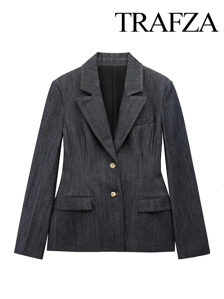 TRAFZA 2025 Spring Denim Blazer Trouser Set For Women Turn-down Collar Slim Coat Top Chic Vintage Female Wide Leg Jeans 250728