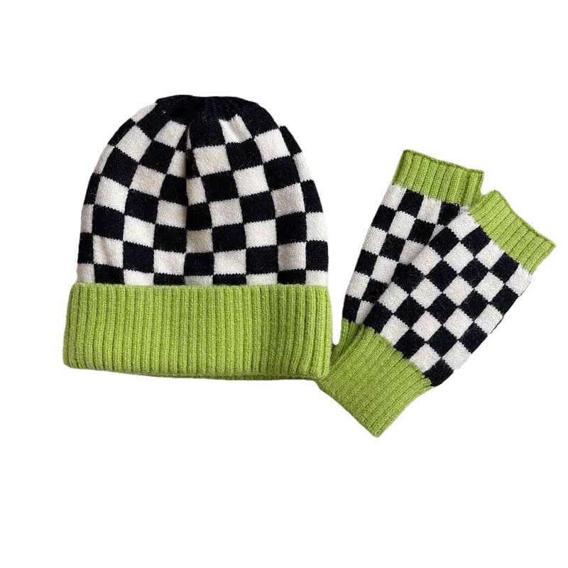 INS New Checkerboard Pattern Contrast Color Knitted Hat Winter Couple Casual Warm Cold Hat Beanie Gorros