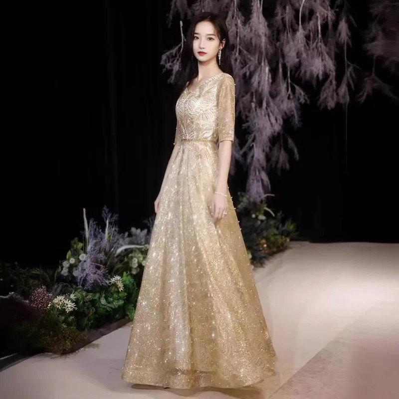 Womens Summer V-neck Gold Evening Dress Fashion Banquet Show Slimming Meeting Starry Sky Annual Meeting Lace Long Sleeve Dress 250728