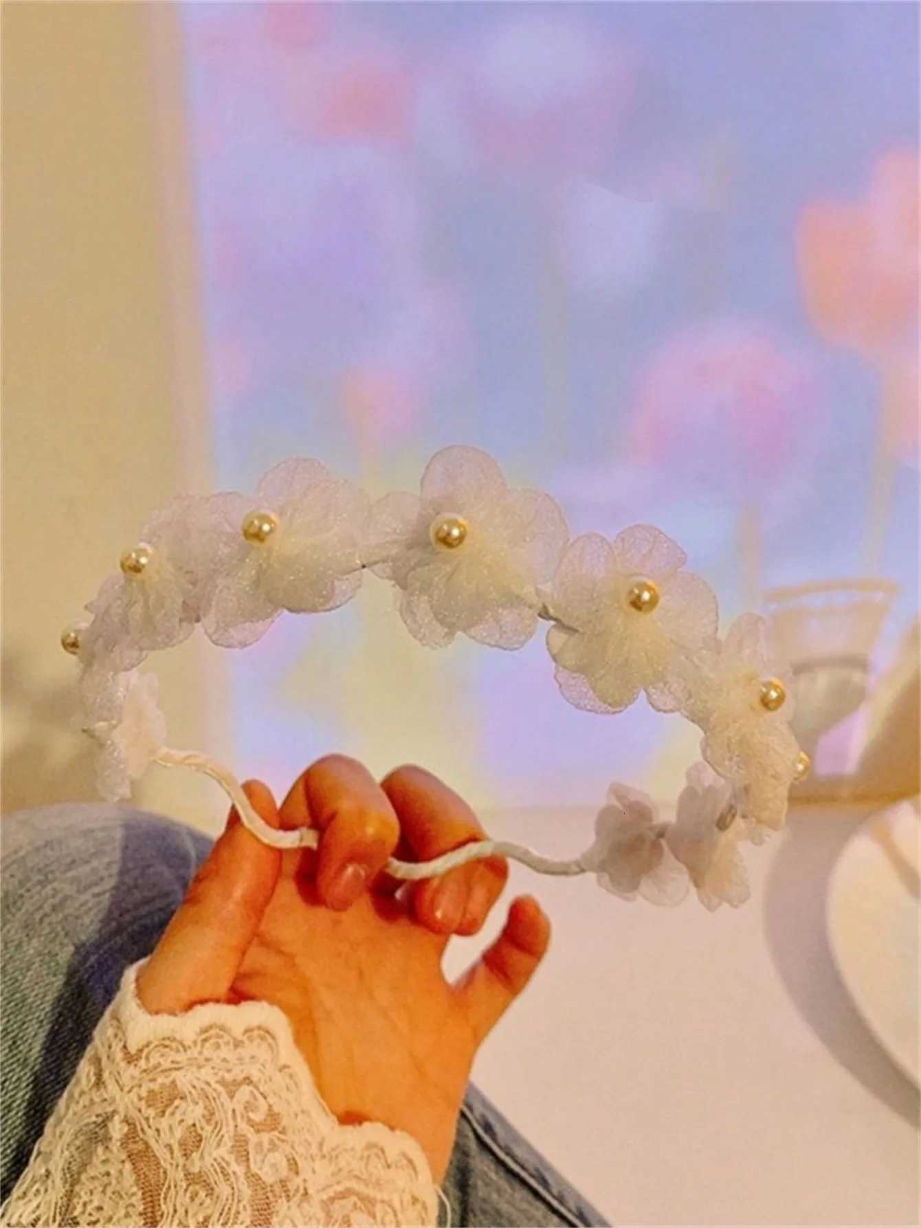 1 Wens Summer New Solid Color Soft Sweet Wer Band White Pearl Band Sen Tie Band Hair Accessory Piece Y250808