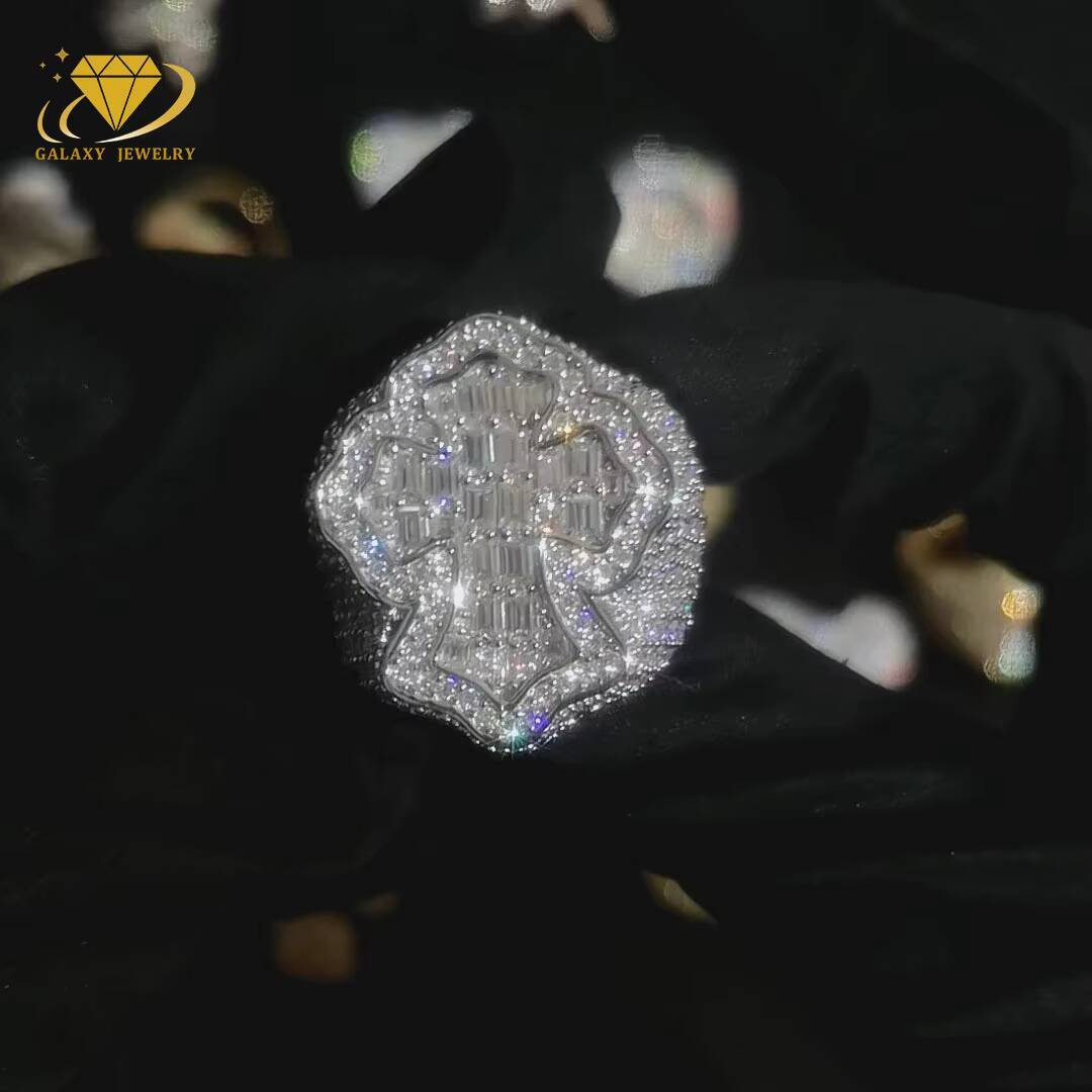 Hip Hop Rock Fine Jewelry Popular Baguette Cut Cross Ring Vvs Moissanite Championship Ring Silver Moissanite Cross Ring