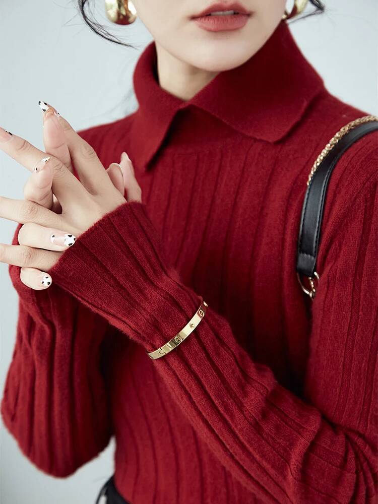2025 Autumn Winter Sweaters New Polo Collar Women Knitted Sweater Long Sleeve Slim Fit Pullovers Soft Warm Bottoming Tops dongdumaoyi