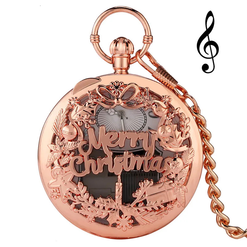 Antique Merry Christmas Musical Watch Men Women Quartz Analog Pocket Watches with Song Music Fob Clock Pendant Chain Xmas Gift 250807
