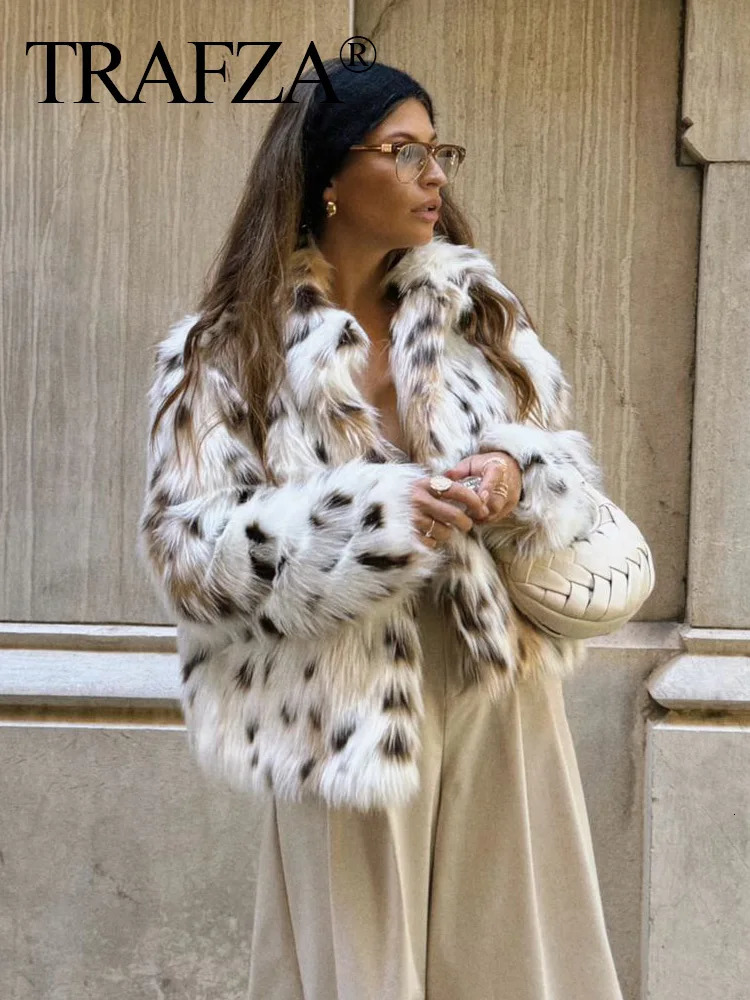 TRAFZA Women Artificial Fur Jacket Elegant Warm Loose Spotted Print Coat Long Sleeve Casual Overcoat Lady Furry Outwear 250806