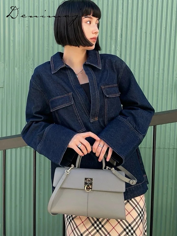 Street Loose Jeans Suits Women Solid Lapel Full Sleeve Pockets Top High Waist Wide Leg Pants 2025 Spring Chic Casual Lady Sets 250804