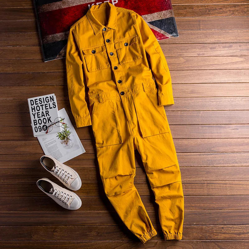 Spring Overalls Mens Jumpsuit Loose Long Sleeve Cotton Cargo Pants Black Yellow Workwear Trousers Working Uniform Rompers 250804