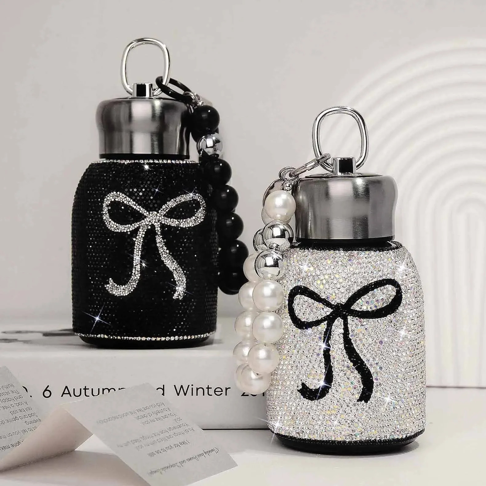 High Aesthetic Diamond Studded Insulated Cup Luxurious Portable 304 Stainless Steel Handheld Bow Vacuum Car Water 250808