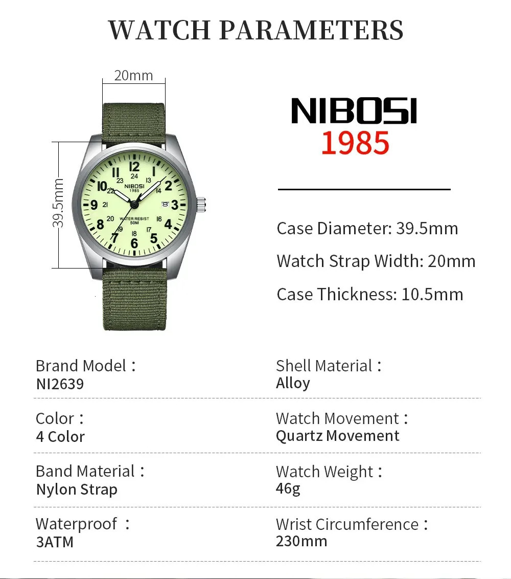 NIBOSI Fashion Mens Watches Luminous Nylon Band Military Watch For Men Army Quartz Sports Shock Clock Wristwatches Reloj Hombre 250807