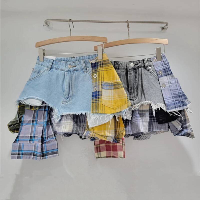 2025 Summer New Women's DEAT Grid Patch Irregular Design Mini Cowboy Skirt Women's High Waist Mini A-line Skirt Summer Fashion L trend H New