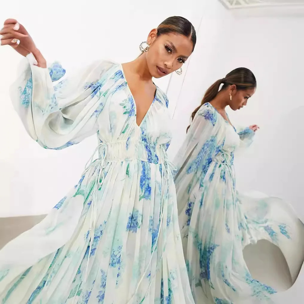 Elegant Print Chiffon Long Dresses Women V-neck High Waist Drawstring Folds See Through Long Sleeve Party Dress Female Vestidos 250728