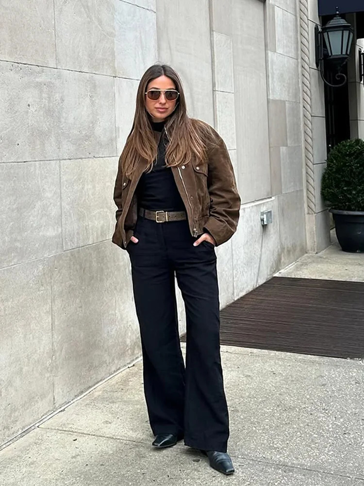 Vintage Womens Suede Bomber Jacket Fashion Lapel Zipper Full Sleeve Female Coats Spring Lady Elegant Casual Streetwear 250805