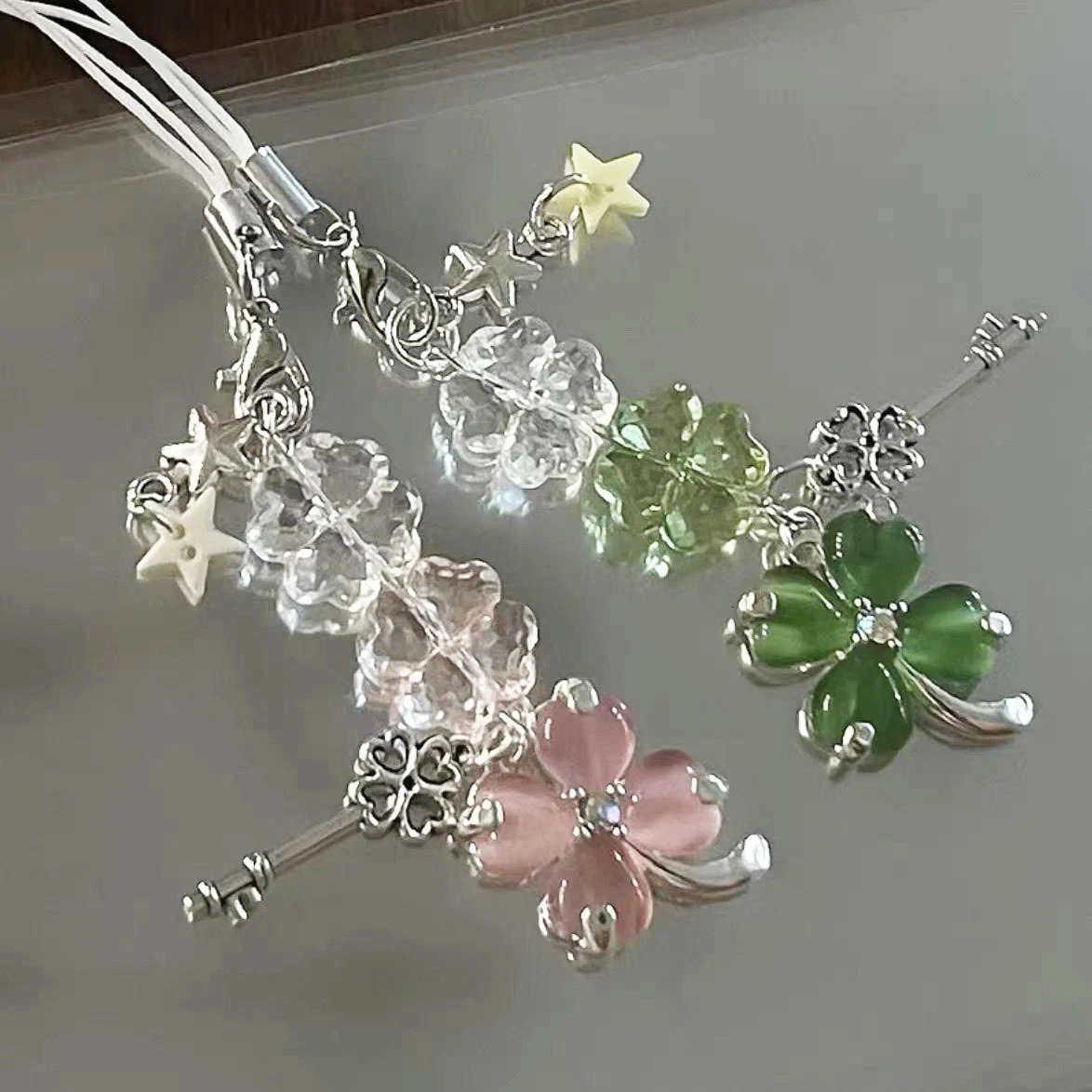 Delicate Pink Green Crystal Lucky Plant Keychain Phone Charms Pendant Cute Key Chain Phone Ornament Schoolbag Camera Hangings 250807