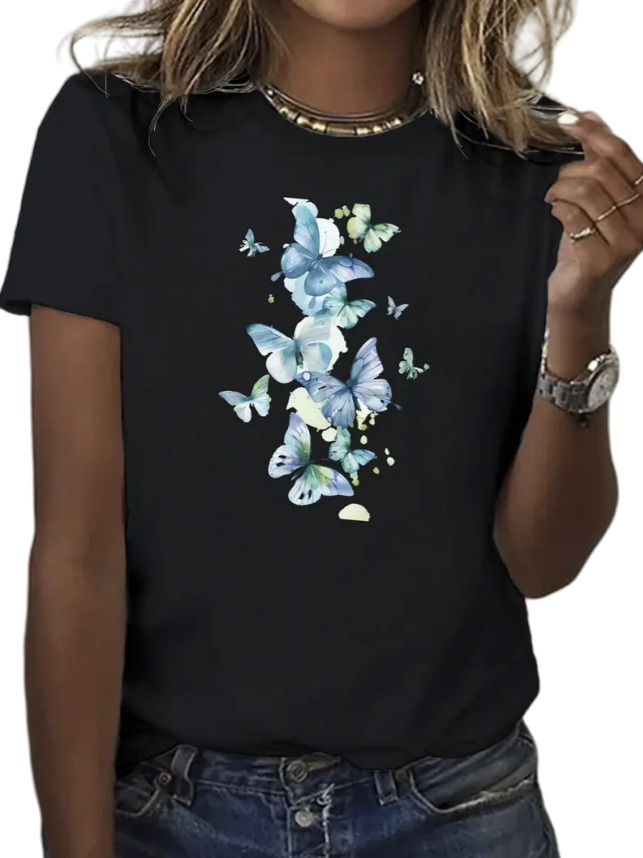 Woman Shirt Spanish letters shirt for woman designer Butterfly pattern print Summer new t shirt woman DIY Custom flower shirt woman 180g 100% cotton t