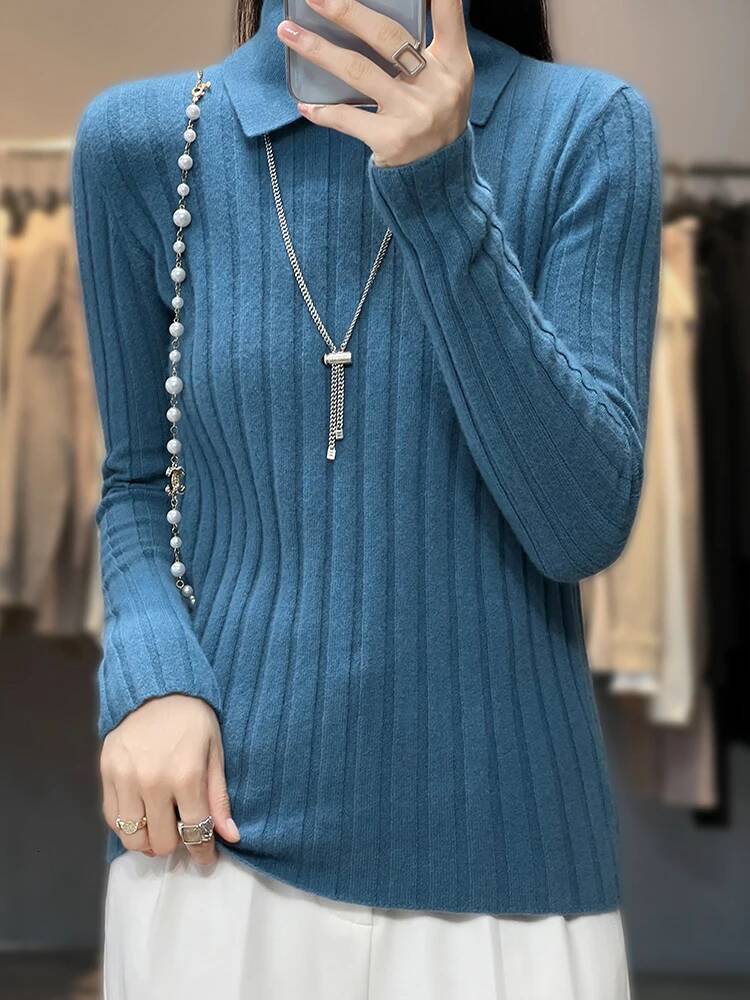 2025 Autumn Winter Sweaters New Polo Collar Women Knitted Sweater Long Sleeve Slim Fit Pullovers Soft Warm Bottoming Tops dongdumaoyi