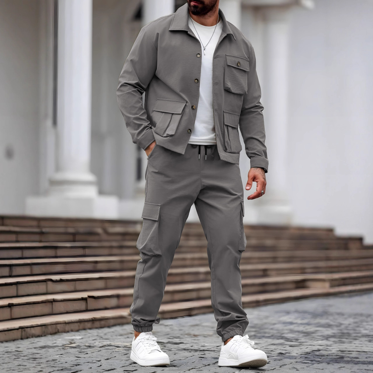 Fashion Solid Color Street Wear Trendy Slim Short Sleeve Lapel Shirt Pants Outfits Men Casual 2 Piece Sets black gray khaki
