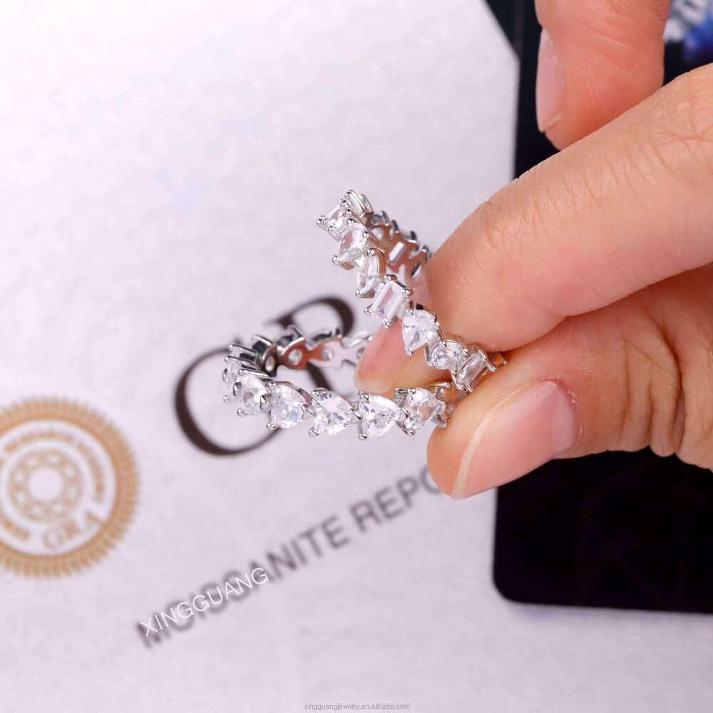 Pass Dia Test Heart Moissanite Eternity Band Ring Real 14K White Solid Gold Rings Women Wedding Fashion Jewelry