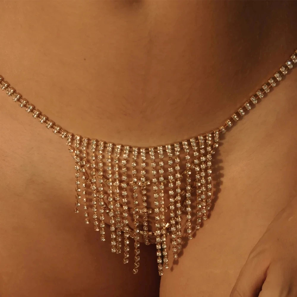 y Sexy Beach Tassel Thong Lingerie Bikini Panty Briefs Women Crystal Rhinestone Body Chain Waist Belly Jewelry Party 250808