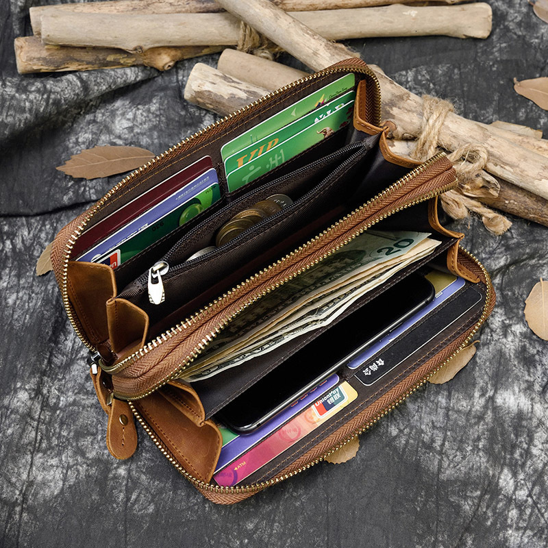 Mens Crazy Horse Leather Long Wallet Genuine Leather Double Zipper Wallet Multi-Card Slots Cowhide Clutch Large Capacity Phone Bag