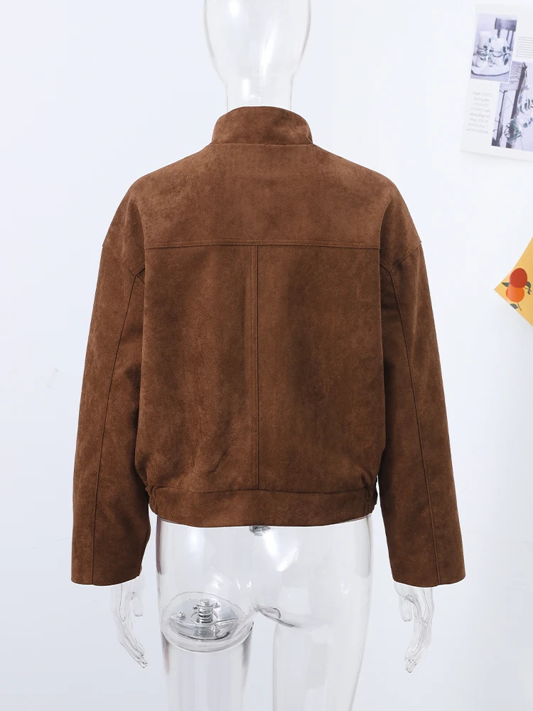 Urban Vintage Brown Suede Short Jackets Women Long Sleeve Zipper Pocket Bomber Coats Spring Fashion Lady Street Outwears 250805