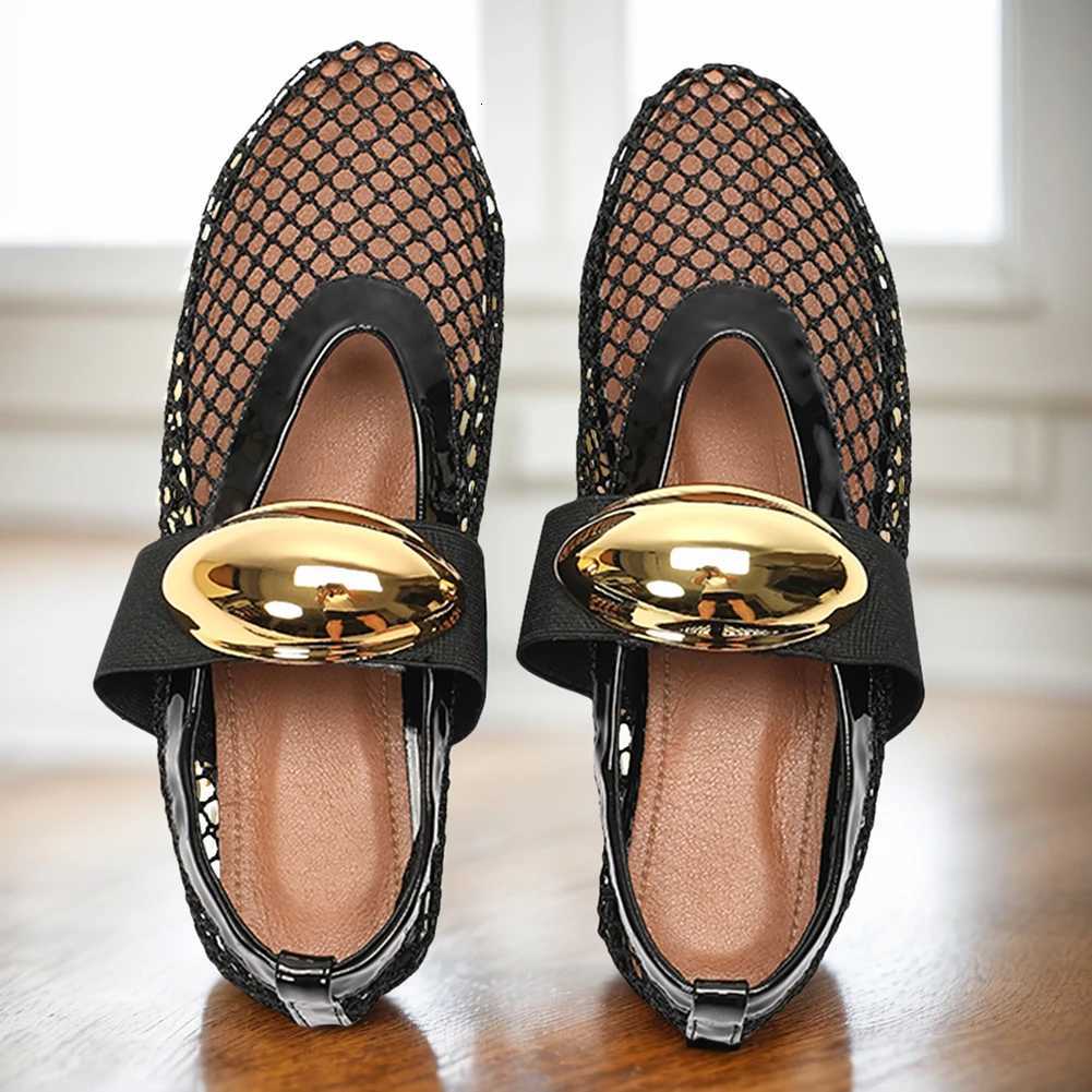 Women Mesh Ballet Flats Fishnet Ballerina Flats Buckle Strap Slip On Ballerina Shoes Round Toe Ballet Shoes for Outdoor Travel W250808
