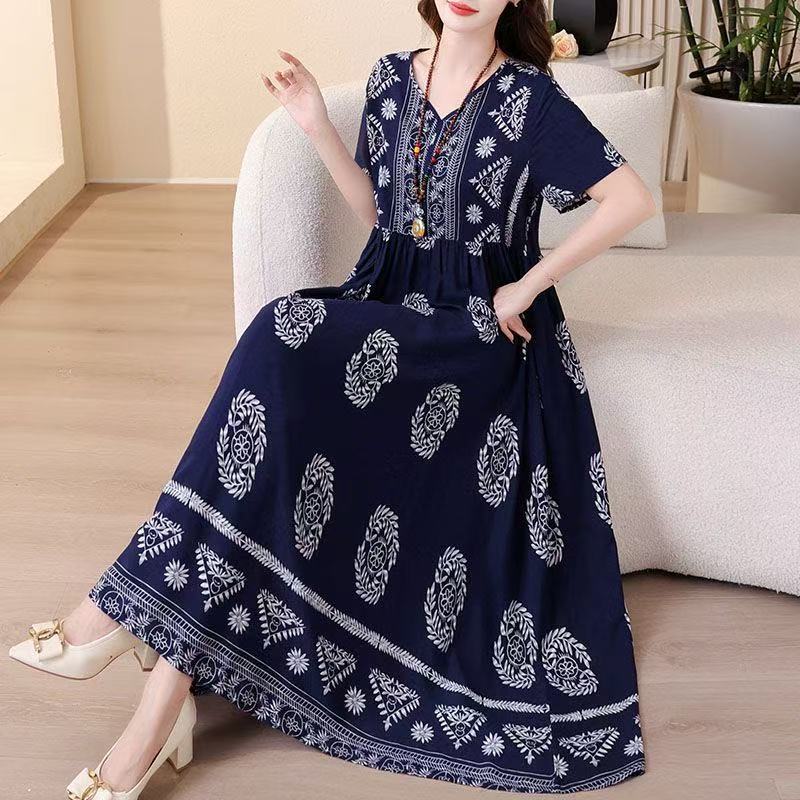 plus size women's new long sleeve high waist printed banquet dress mid-length skirt D02469