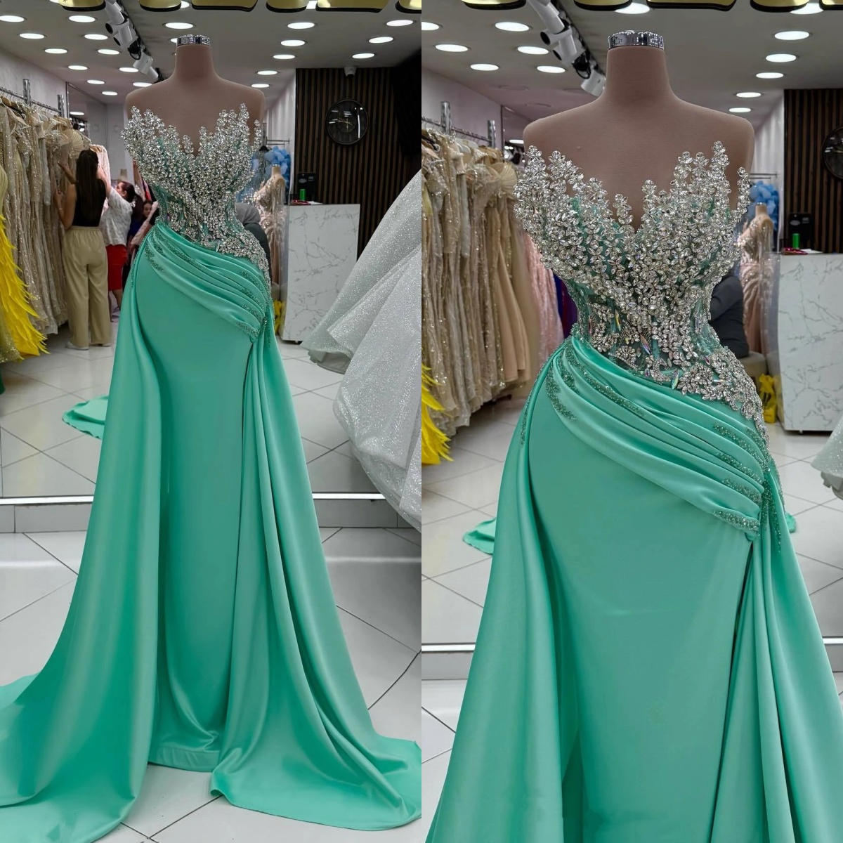 Fashion Crystal Evening Dresses Strapless Prom Gowns with Detachable Train Sequins Sleeveless Customized Party Vestidos De Noche Plus Size