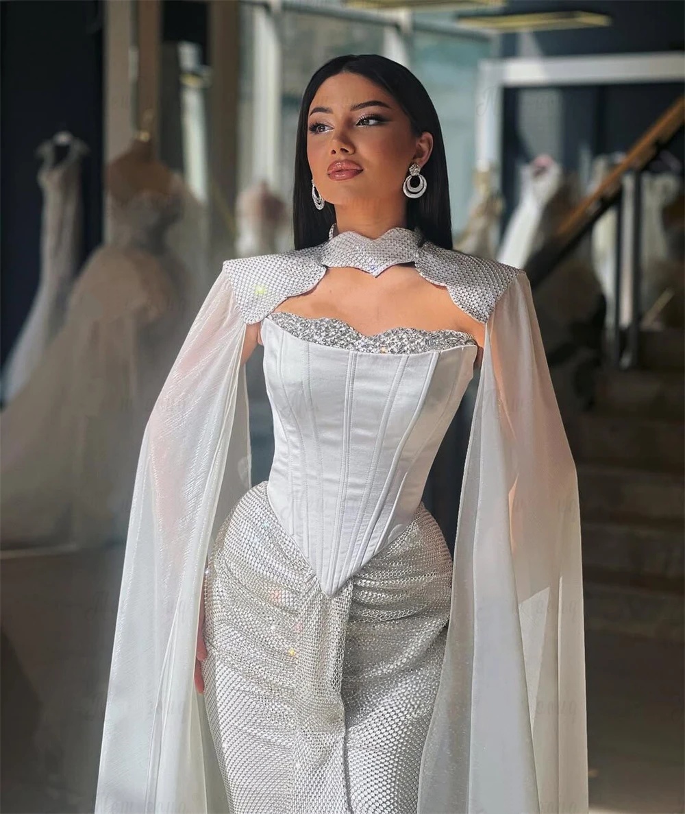 Simple Evening Dresses For Women Strapless Sleeveless Wrap Gown Sequins Sweep Train Dress Party Customized Dress