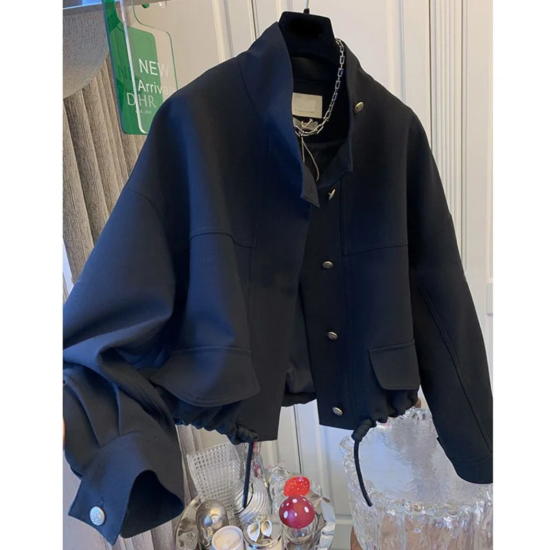 Women Spring Autumn high-end Jacket Casual Windbreaker Standing Collar Short Jacket Hem Drawstring Trench Coat 250728