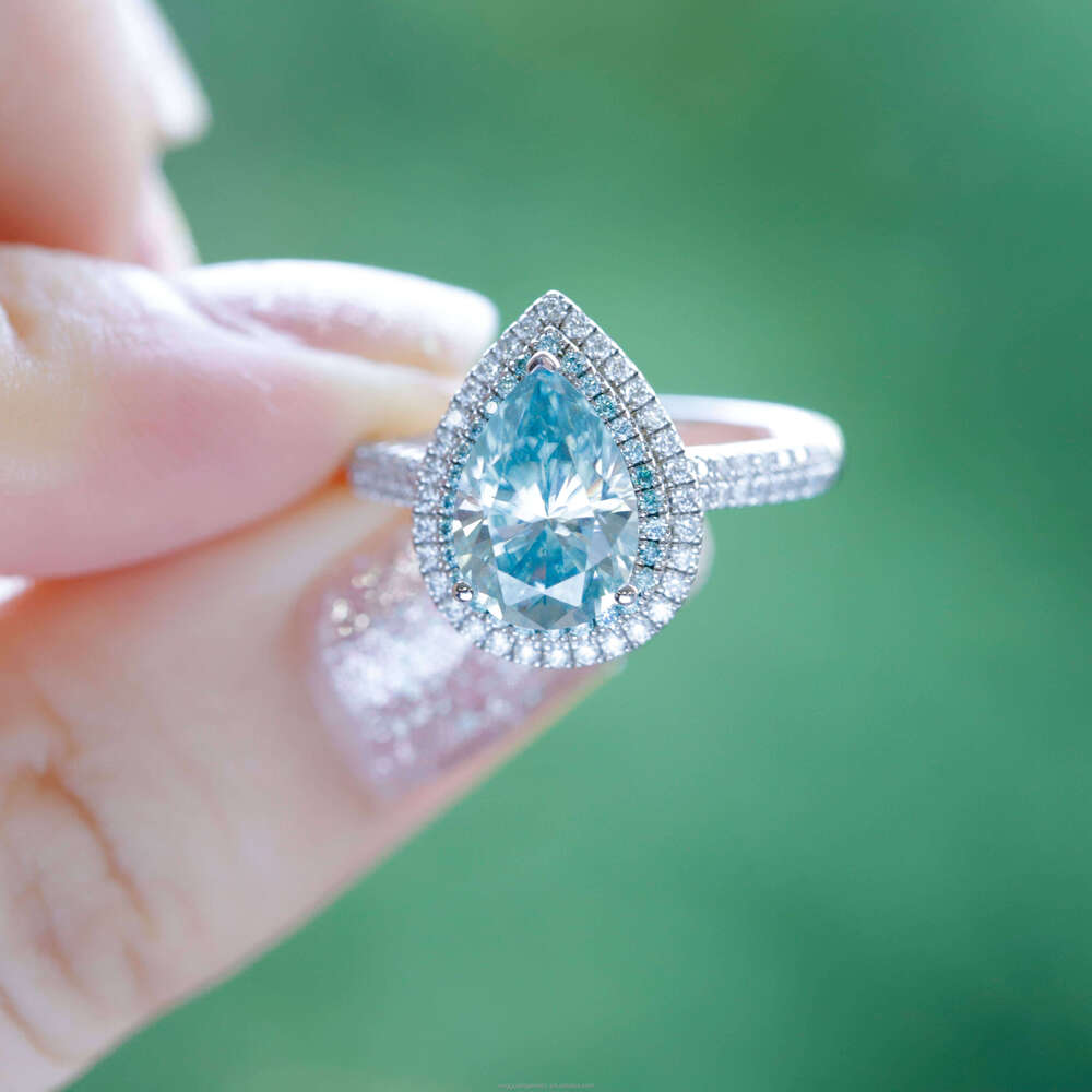Customized Halo Design Blue 6x8mm Pear Dia Moissanite Fashion White Gold Rings Wedding Fine Jewelry Women Ring