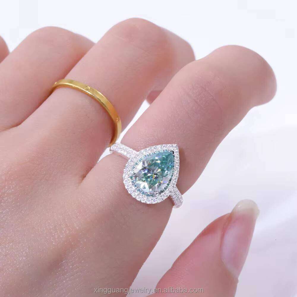 Customized Halo Design Blue 6x8mm Pear Dia Moissanite Fashion White Gold Rings Wedding Fine Jewelry Women Ring