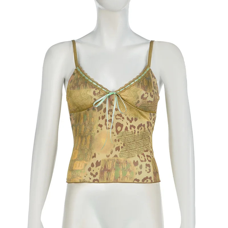 Y2K Vintage Womens Sleeveless Cami Tops Spaghetti Strap Abstract Print Ribbon Tieup Front Camisole Tank Summer Clothes 250807