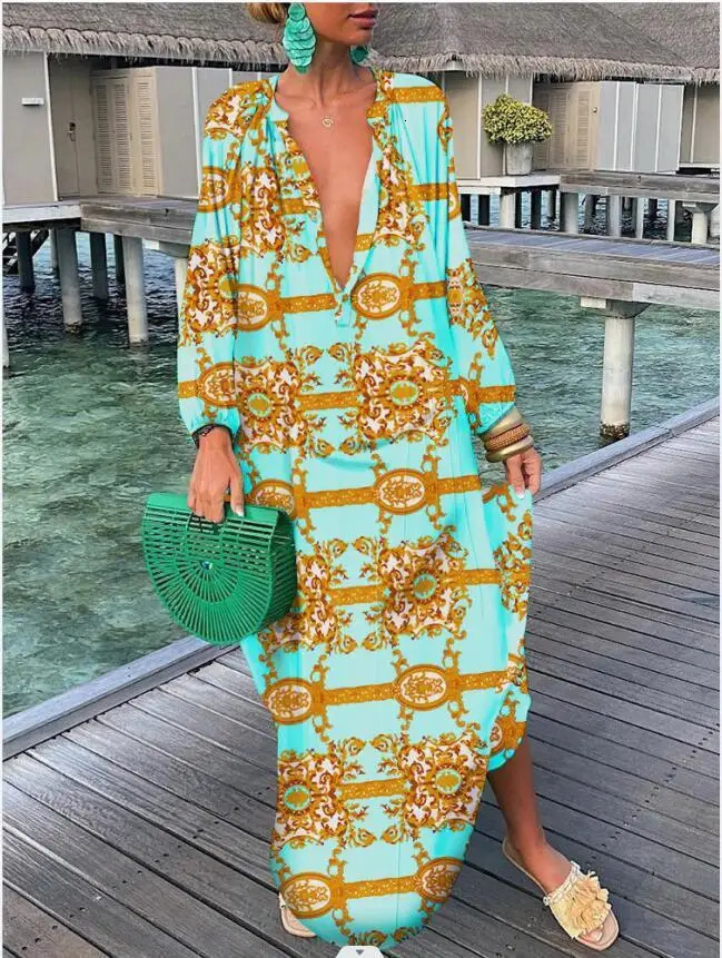 Women Boho Print Loose Beach Dress 2025 Spring Summer Elegant Deep V-Neck Maxi Dress Ladies Sexy Long Sleeve Oversized Dresses 250728
