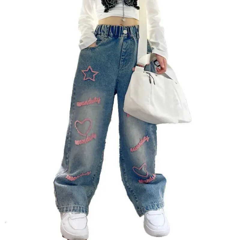 Girls School Wide Leg Pants with Heart Star Casual Loose Kids Fashion Long Jeans Children Korean Style Trousers 250807