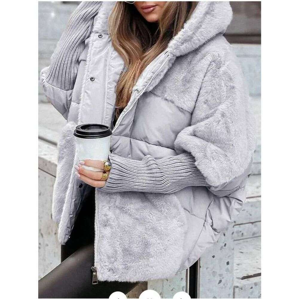Winter women's loose down jacket with knitted sleeves