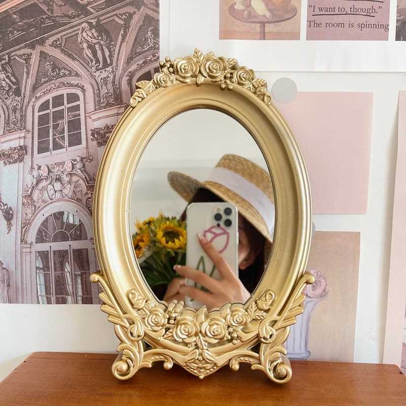 rustic French palace style carved frame table mirror gold mirror tray decorative home mirror bedroom table makeup mirror Z250807