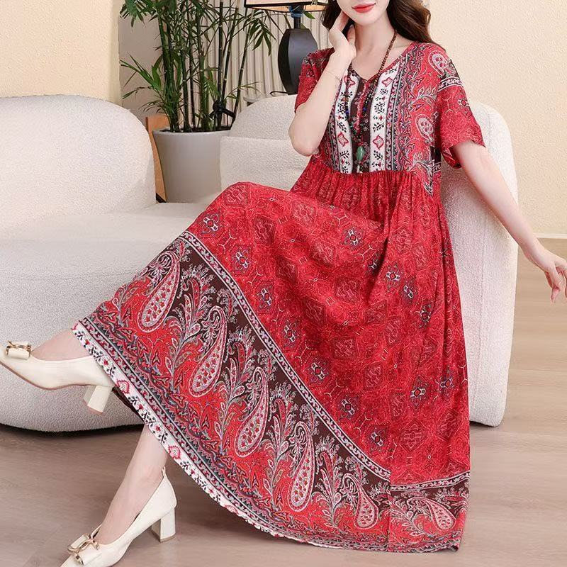 plus size women's new long sleeve high waist printed banquet dress mid-length skirt D02469