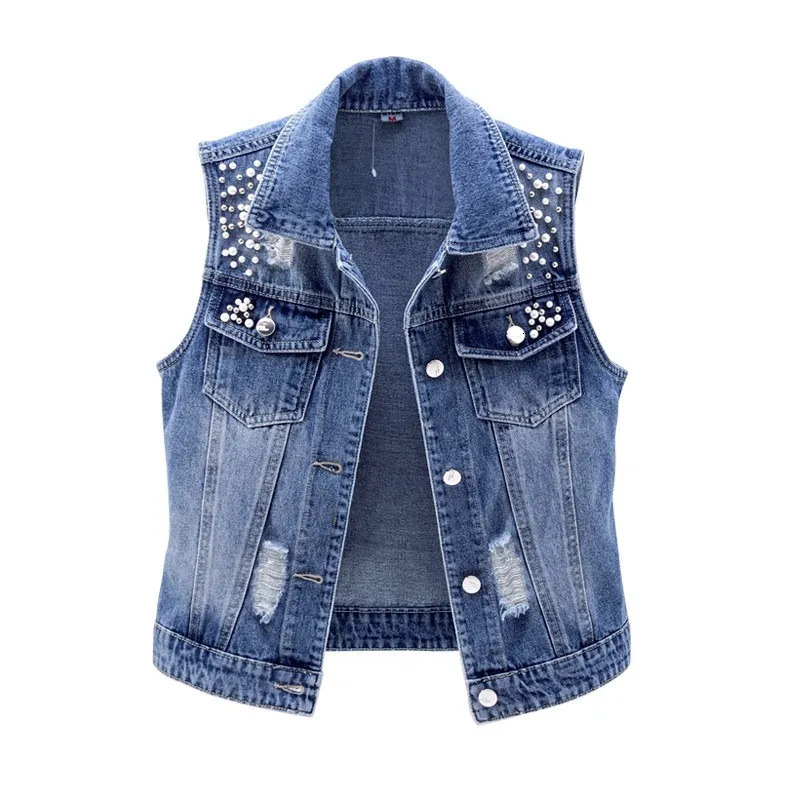 Women Lapel Jacket Vintage Denim Vest Loose Fit Bead Decor Single-breasted Hop Streetwear for Ladies Fall/spring Waistcoat 250804