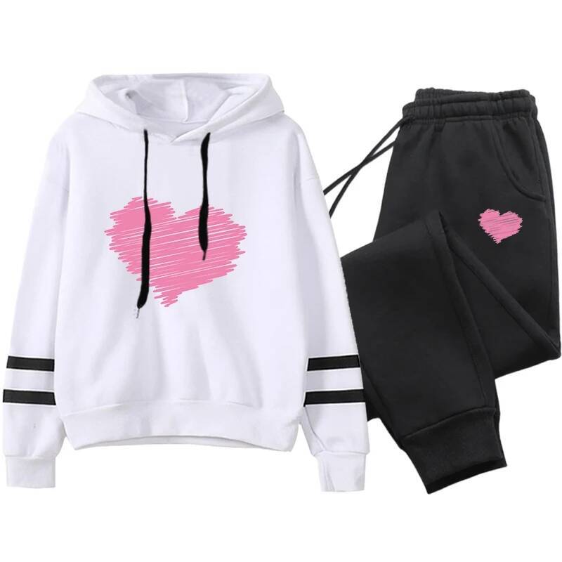 Cute Heart Printed Hoodies Sweatpants Woman Daily Casual Sports Jogging Suit Home Outdoor Comfort Warm Outfit Women's Clothes dongdumaoyi