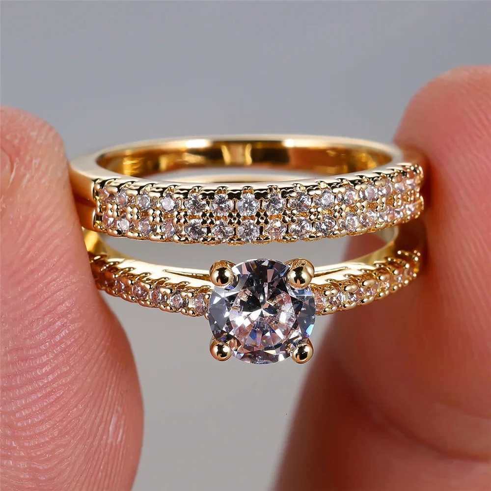 2pcs Small Round White Zircon Stone Ring Set Promise Gold Color Wedding Engagement Jewelry For Women Y250808