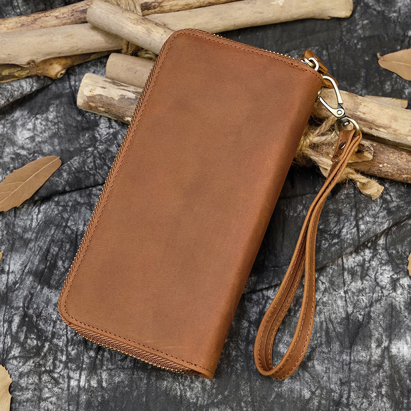 Mens Crazy Horse Leather Long Wallet Genuine Leather Double Zipper Wallet Multi-Card Slots Cowhide Clutch Large Capacity Phone Bag